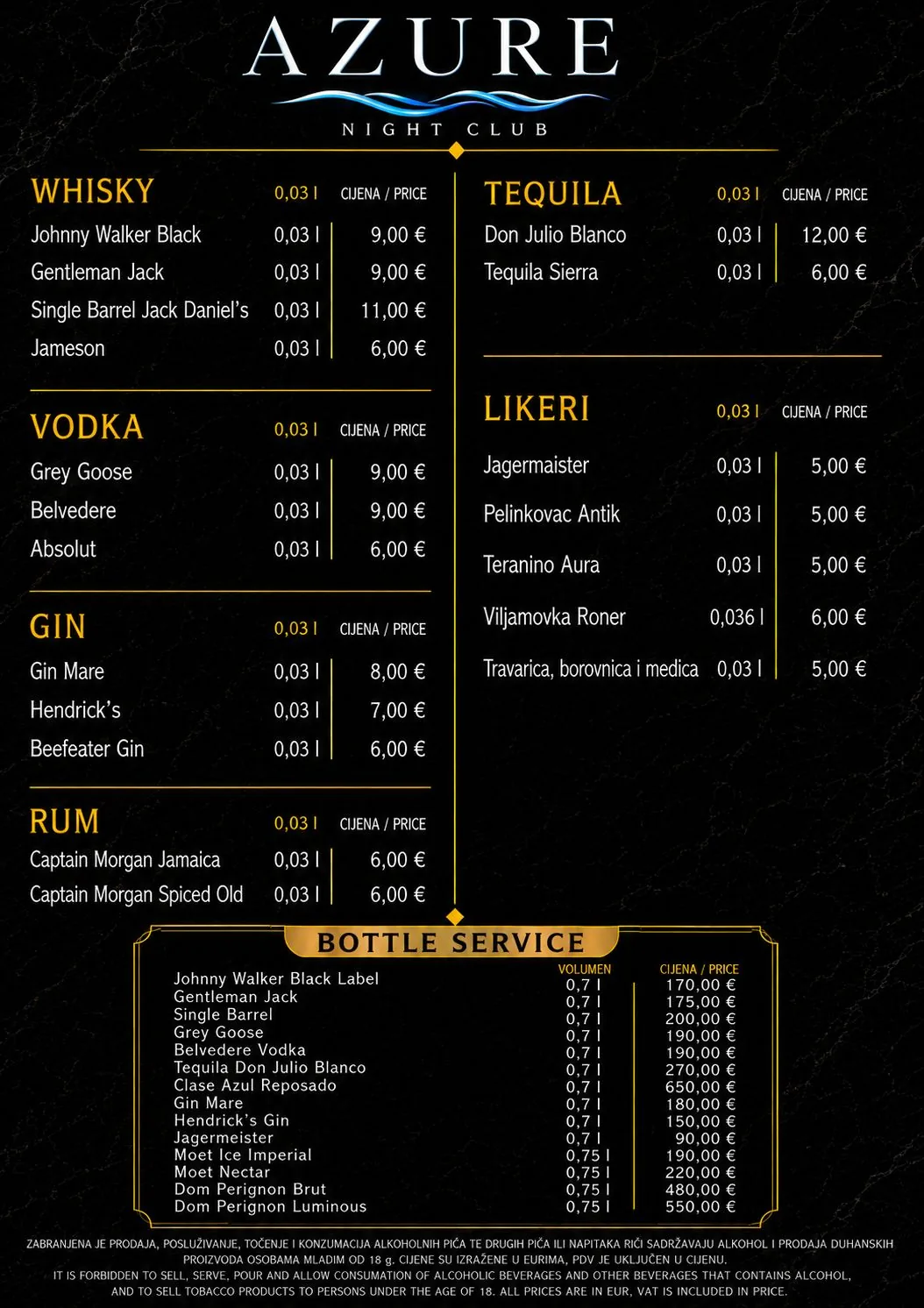 Azure Night Club cjenik: whisky, vodka, gin, rum, tequila, likeri i bottle service